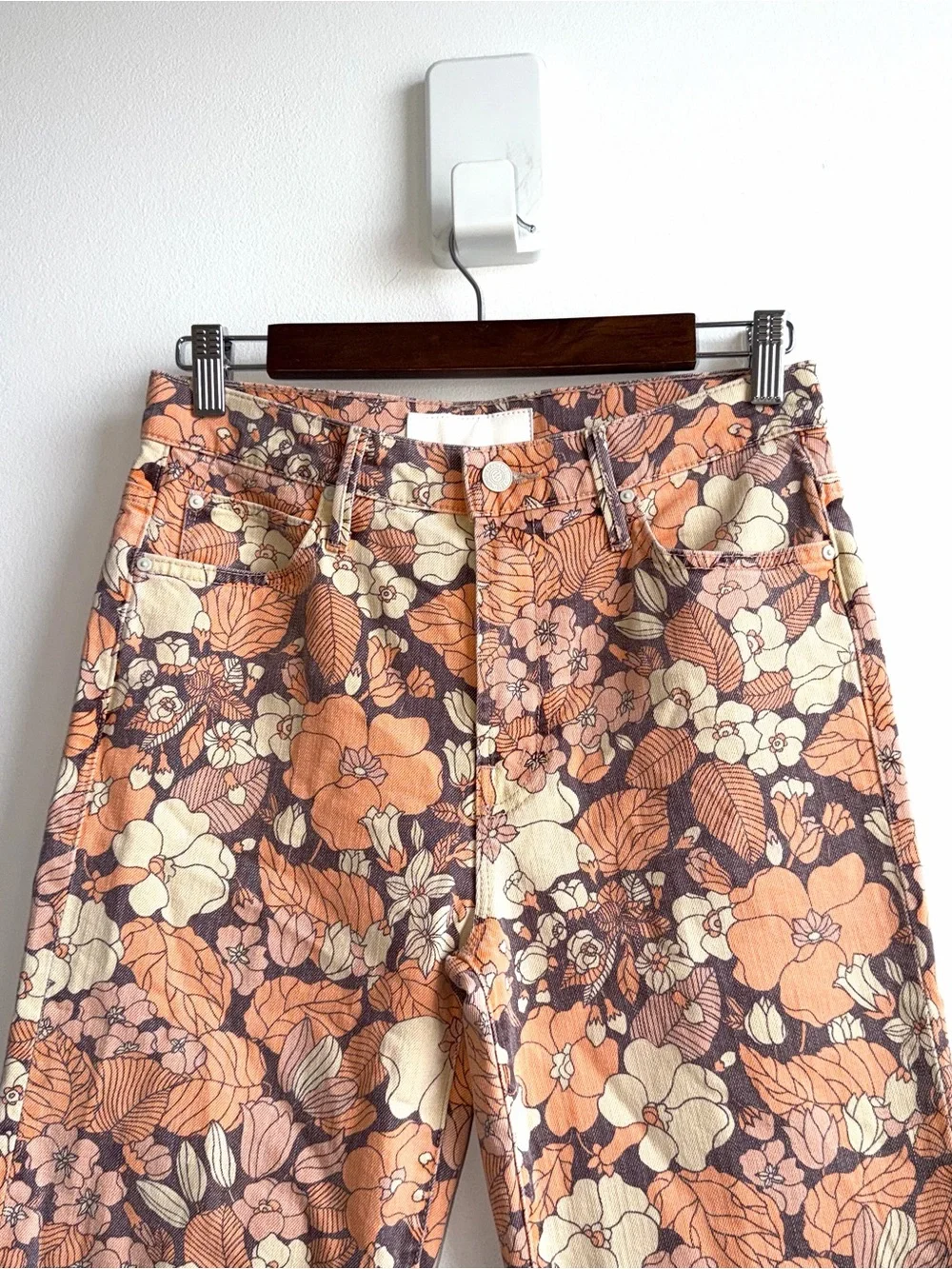 Mother Kick It Orange Blossom Jeans Size 27 High Rise Straight Floral Hippie - Picture 4 of 12
